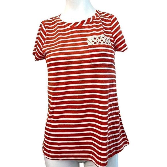 Doe & Rae S Fringe Orange Striped Short Sleeve Top T Shirt Blouse Pocket NWT - Picture 2 of 4